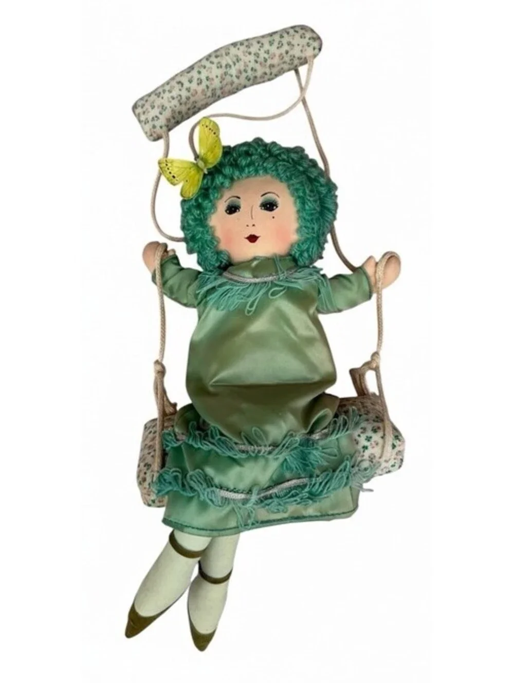 Y2K Trapeze Swing Doll Green Teal Curly Hair Whimisical Hanging Doll Russ Berrie